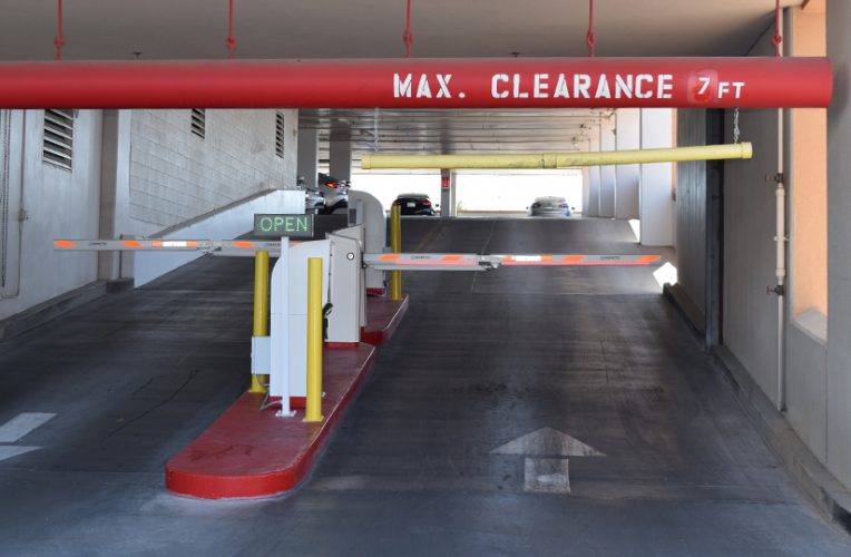 Parking garage with barrier arm.