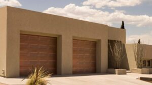 Double garage doors in the desert.